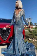 Long Sleeves Deep V-Neck Mermaid Prom Dress Sequins Royal Blue Red Long