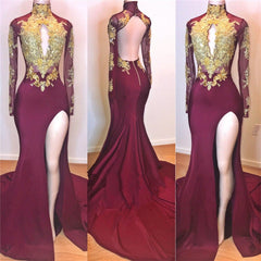 Long Sleeves High Collar Mermaid Prom Dress Sequins Long Chiffon Burgundy Backless With Split