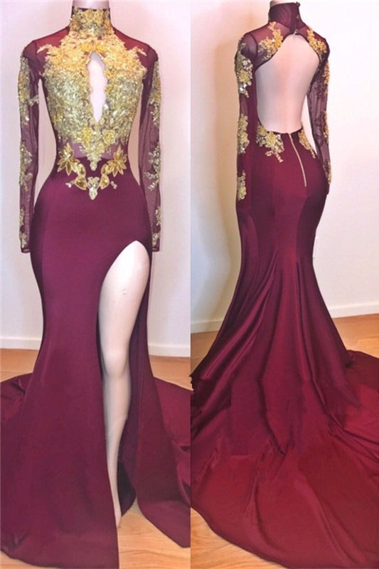 Long Sleeves High Collar Mermaid Prom Dress Sequins Long Chiffon Burgundy Backless With Split