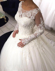 Long Sleeves Lace Ball Gown Wedding Dress Tulle Sweep Train Bridal Gowns