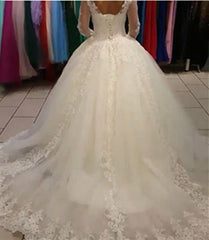 Long Sleeves Lace Ball Gown Wedding Dress Tulle Sweep Train Bridal Gowns