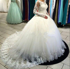 Long Sleeves Lace Ball Gown Wedding Dress Tulle Sweep Train Bridal Gowns