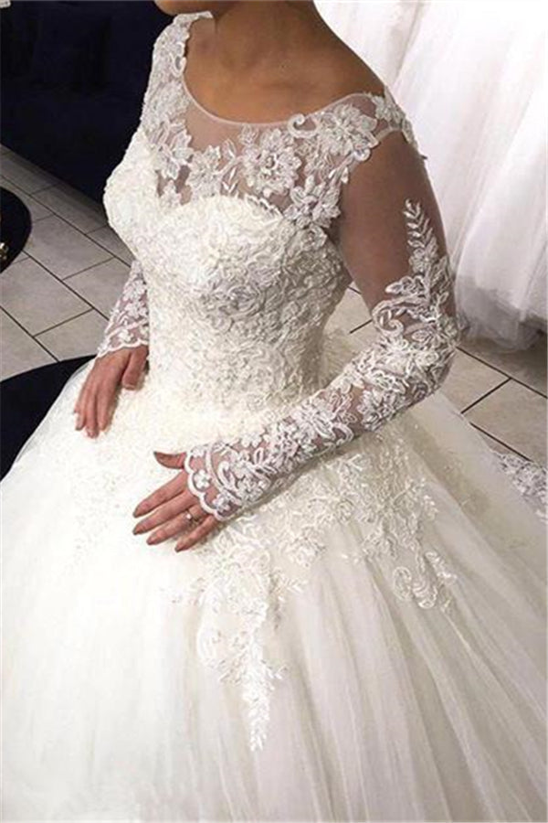 Long Sleeves Lace Ball Gown Wedding Dress Tulle Sweep Train Bridal Gowns