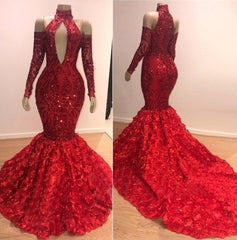 Long Sleeves Modest Halter Mermaid Prom Dress Sequins Long Red