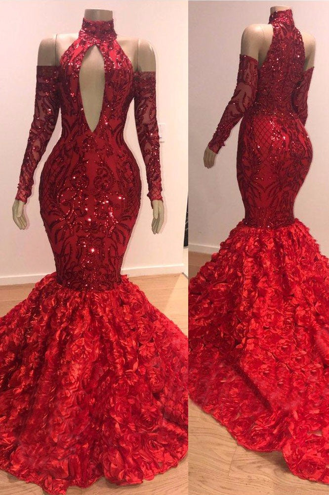 Long Sleeves Modest Halter Mermaid Prom Dress Sequins Long Red