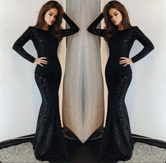 Long Sleeves Round Collar Mermaid Prom Dress Black Sequins Long Chiffon