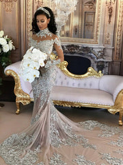 Long Sleeves Silver High Neck Popular Evening Dress Lace Mermaid Luxurious Wedding Dresses