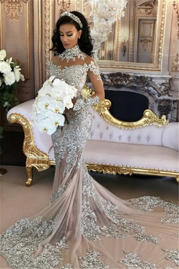 Long Sleeves Silver High Neck Popular Evening Dress Lace Mermaid Luxurious Wedding Dresses