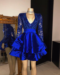 Long Sleeves V-Neck Lace Prom Dress Sequins Blue Short