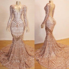 Long Sleeves V-neck Mermaid Prom Dress Sequins Long Chiffon