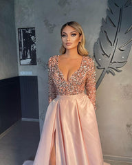 Long Sleeves V-Neck Sequins Prom Dress Long With Slit Online