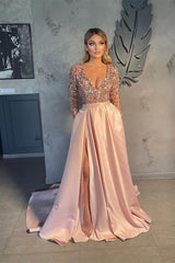 Long Sleeves V-Neck Sequins Prom Dress Long With Slit Online