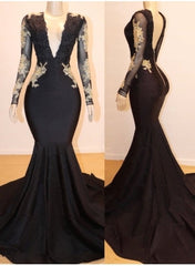 Long Sleevess Appliques Mermaid V-neck Long Prom Dresses