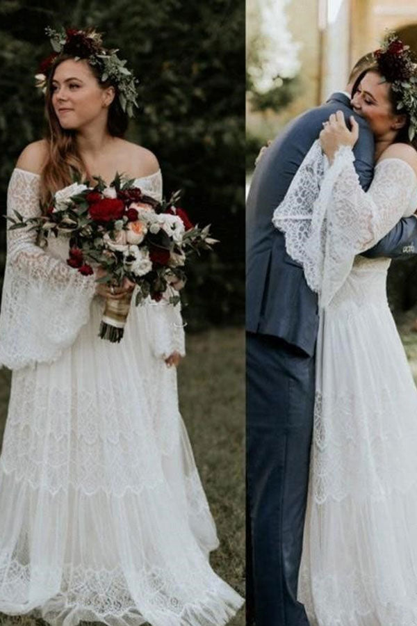 Long Sleevess Beach Beach Garden Tulle White Loose Wedding Dress