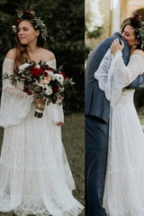 Long Sleevess Beach Beach Garden Tulle White Loose Wedding Dress