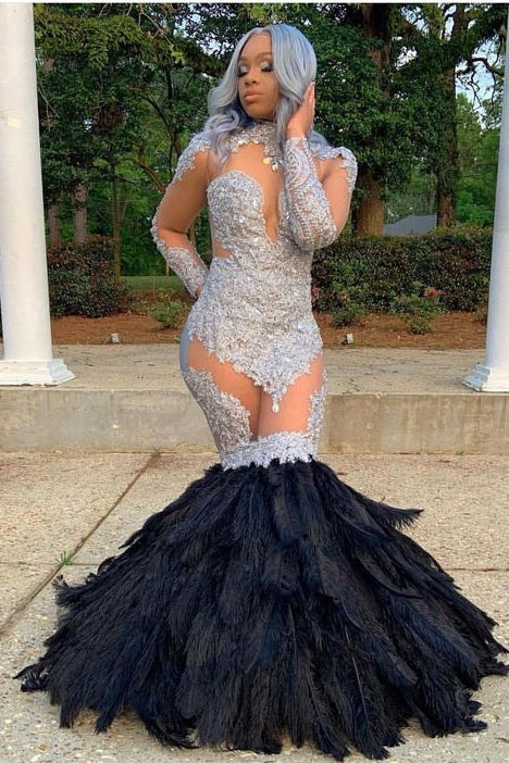 Long Sleevess Lace Appliques Illusion Fur Train Mermaid Silver Prom Dresses