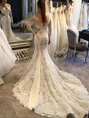 Long Sleevess Lace Mermaid Court Train V neck Wedding Dresses