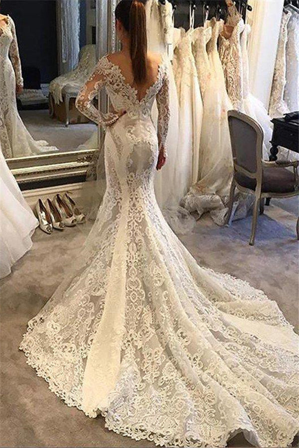 Long Sleevess Lace Mermaid Court Train V neck Wedding Dresses