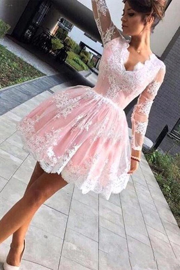 Long Sleevess Lace Pink Back to school V-neck Puffy Homecoming Dress