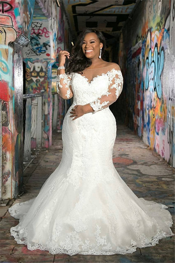 Long Sleevess V neck Plus size Mermaid Bridal gowns for Wedding