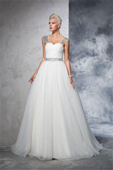 Long Tulle Ball Gown Straps Ruched Sleeveless Wedding Dresses