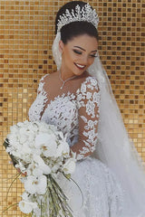 Luxurious Beaded Lace Mermaid Wedding Dresses with Sleeves Sheer Tulle Appliques Bridal Gowns