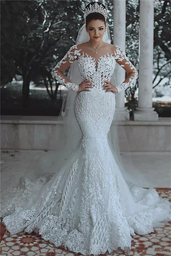 Luxurious Beaded Lace Mermaid Wedding Dresses with Sleeves Sheer Tulle Appliques Bridal Gowns