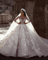 Luxurious Beading Floral Bridal Gowns Sheer Neck Long Sleevess Ball Gown Wedding Dresses