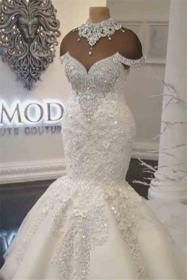 Luxurious Crystals Mermaid Wedding Dresses Off the Shoulder Appliques Bridal Gowns
