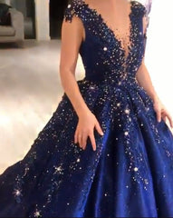 Luxurious Dark Navy Deep V-neck Cap sleeves Ball Gown Sparkle Beaded Prom Dresses