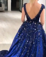 Luxurious Dark Navy Deep V-neck Cap sleeves Ball Gown Sparkle Beaded Prom Dresses