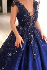 Luxurious Dark Navy Deep V-neck Cap sleeves Ball Gown Sparkle Beaded Prom Dresses