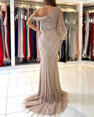 Luxurious Long Sleeve Beadings Prom Dress Long Mermaid Eevning Gowns With Slit