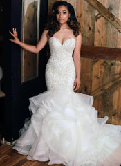 Luxurious Mermaid Beading Wedding Dresses Sweetheart Neck Ruffless Skirt Bridal Gowns