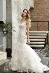 Luxurious Mermaid Ivory V neck Spring Lace Wedding Dress with Ruffless Train