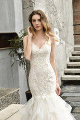 Luxurious Mermaid Ivory V neck Spring Lace Wedding Dress with Ruffless Train