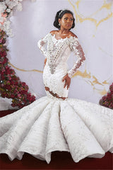 Luxurious Off the shoulder Long Sleevess Mermaid Ruffless Appliqued Beading Wedding Dresses