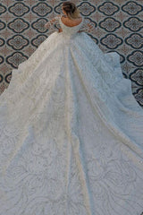 Luxurious Princess Ball Gown Long Sleevess Sparkly sequins Bridal Gowns with Sweep Train