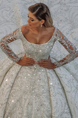 Luxurious Princess Ball Gown Long Sleevess Sparkly sequins Bridal Gowns with Sweep Train