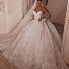 Luxurious Sparkle Beaded Ball Gown Tulle Lace Illusion neck Wedding Dress