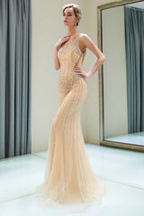 MATILDA Mermaid Floor Length Sleeveless Beading Golden Evening Dresses