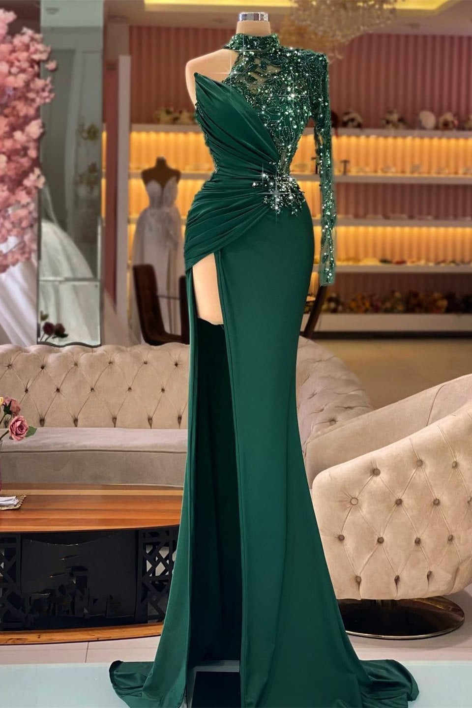 Mermaid Asymmetrical One Shoulder Sequined Floor-length Long Sleeve Lace Applique Prom Dress