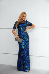 Mermaid Bateau Lace Sequined Floor-length half sleeves Floor-length Elegant Prom Dress