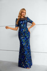 Mermaid Bateau Lace Sequined Floor-length half sleeves Floor-length Elegant Prom Dress