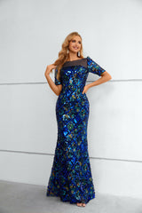 Mermaid Bateau Lace Sequined Floor-length half sleeves Floor-length Elegant Prom Dress