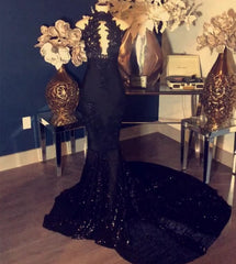 Mermaid Black Appliques High-Neck Sleeveless Long Prom Dresses