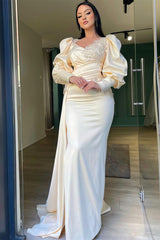 Mermaid Bubble Sleeves V-neck with Side Train High Split Floor-length Long Sleeve Appliques Lace Prom Dress