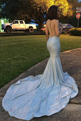 Mermaid Deep V-neck Halter Chapel Backless Paillette Prom Dress
