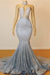 Mermaid Deep V-neck Halter Chapel Backless Paillette Prom Dress