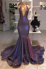 Mermaid Deep V-neck Halter Chapel Ruffle Hem Paillette Prom Dress